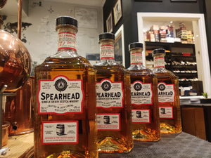 Bottles of Spearhead single grain Scotch whisky shown at Jeffrey st. Whisky & Tobacco a whisky shop in Edinburgh