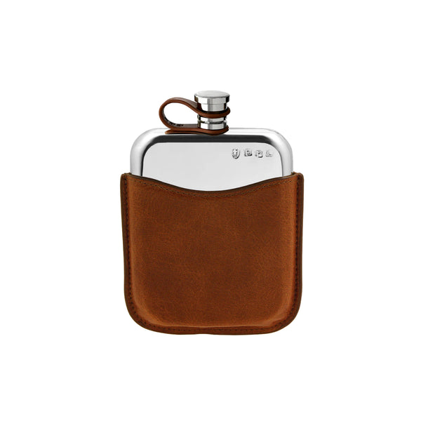 English Pewter 6oz Pewter Purse Hip Flask with Genuine Tan Leather Pouch and Leather Captive Top LPLF01
