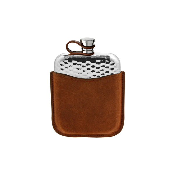 English Pewter 6oz Hammered Pewter Hip Flask with Genuine Tan Leather Pouch and Leather Captive Top LPLF03