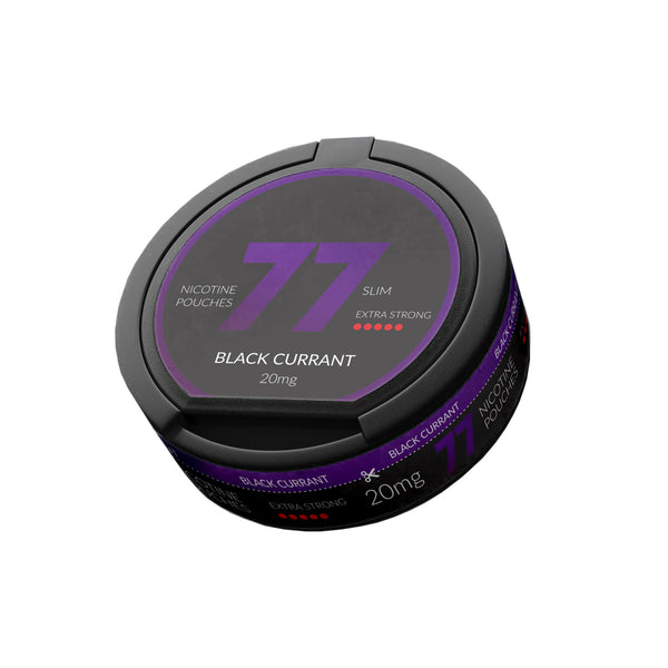 A tin of Black Currant flavoured 77 Nicotine Pouches. 20mg of nicotine