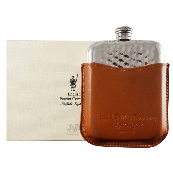 English Pewter Hammered Hip Flask & Tan Leather Pouch 6oz PLF03