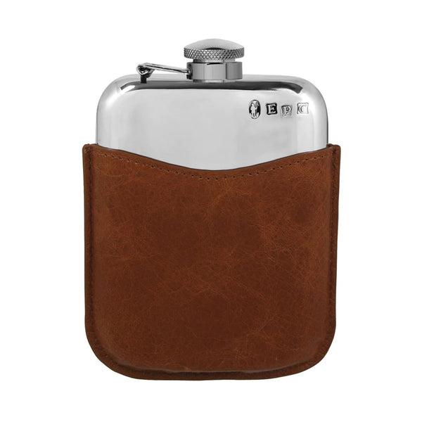 English Pewter 6OZ  Hip Flask With Hinged Captive Top &  Brown Leather Pouch PLF02
