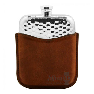 A 6oz Pewter Hammered Hip flask & Tan Leather Pouch by the English Pewter Co.
