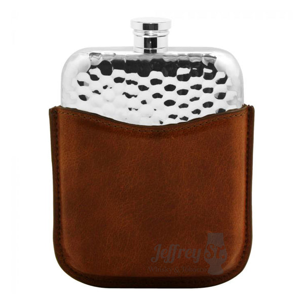 A 6oz Pewter Hammered Hip flask & Tan Leather Pouch by the English Pewter Co.