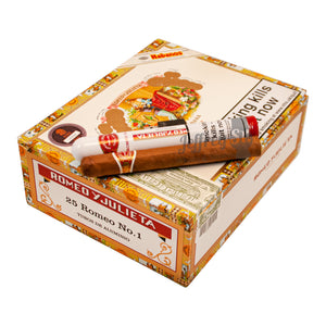 A box of 25 Romeo y Julieta Romeo No. 1 cigars in aluminium tubes