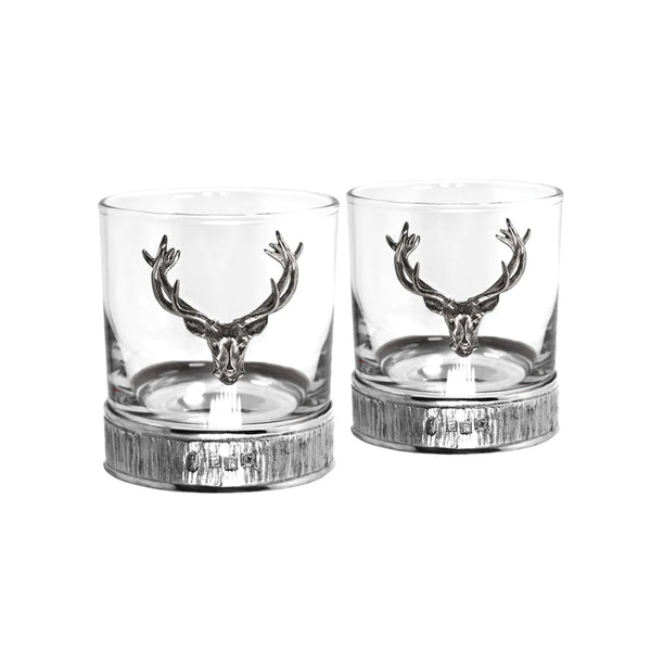 English Pewter Majestic Stag Head Pewter Whisky Glass Tumbler Set of 2 STAG204