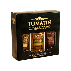 A Triple pack containing 3 5cl bottles of different Tomatin Single Malt whisky expressions