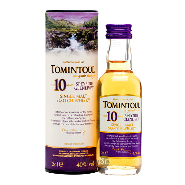 A 5cl bottle of Tomintoul 10 year old Speyside Single Malt Scotch Whisky
